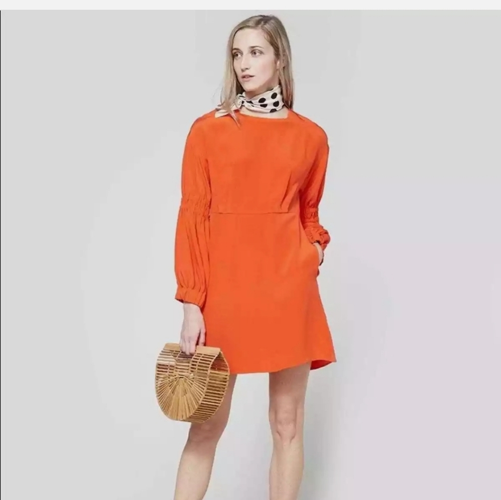 Tibi Orange Balloon Sleeve Dress Button back detail